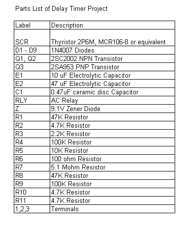 Analog Delay Timer Parts List